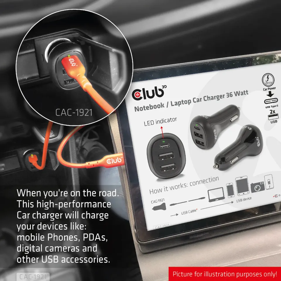 Club3D Auto nabíječka pro Notebooky 36W, 3 porty (2xUSB-A + USB-C)