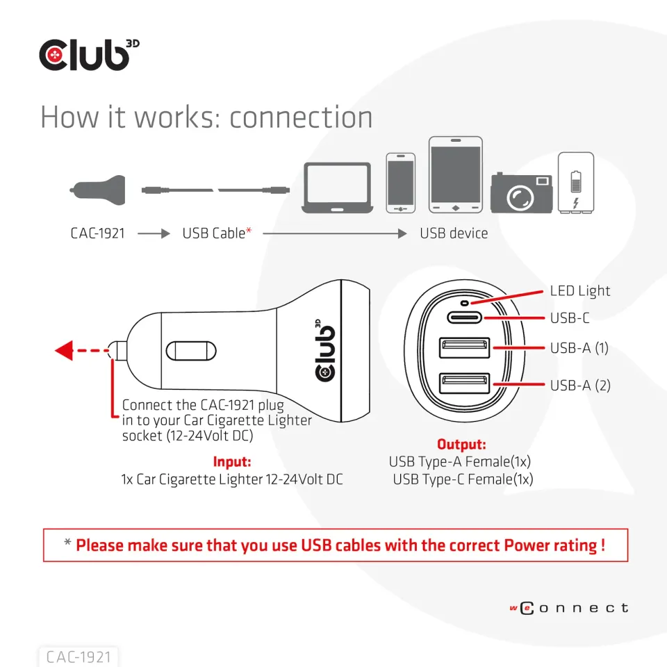 Club3D Auto nabíječka pro Notebooky 36W, 3 porty (2xUSB-A + USB-C)