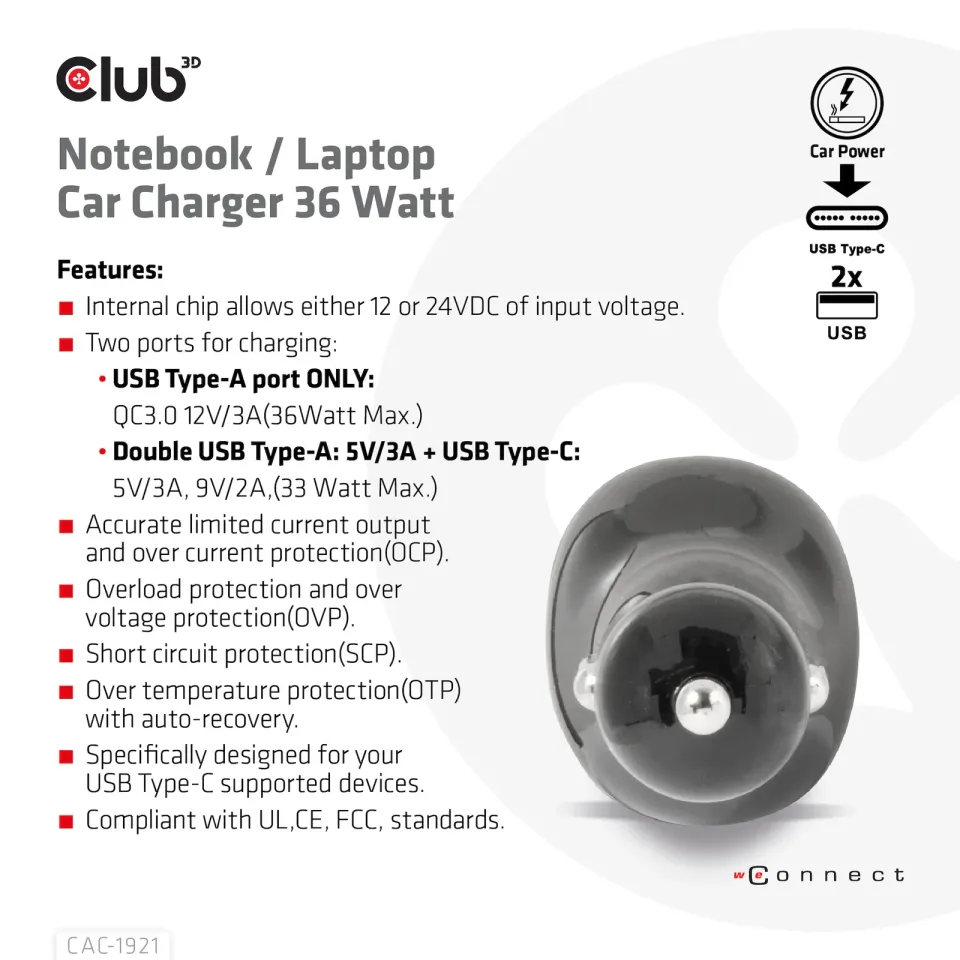 Club3D Auto nabíječka pro Notebooky 36W, 3 porty (2xUSB-A + USB-C)