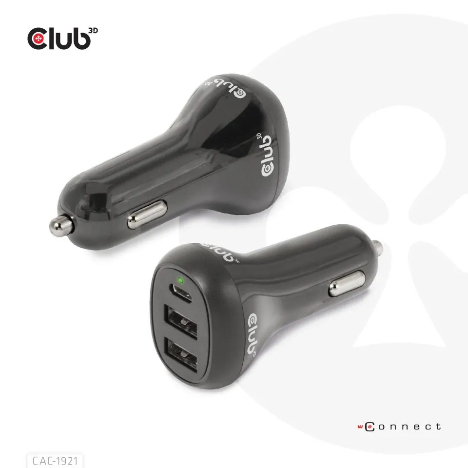 Club3D Auto nabíječka pro Notebooky 36W, 3 porty (2xUSB-A + USB-C)