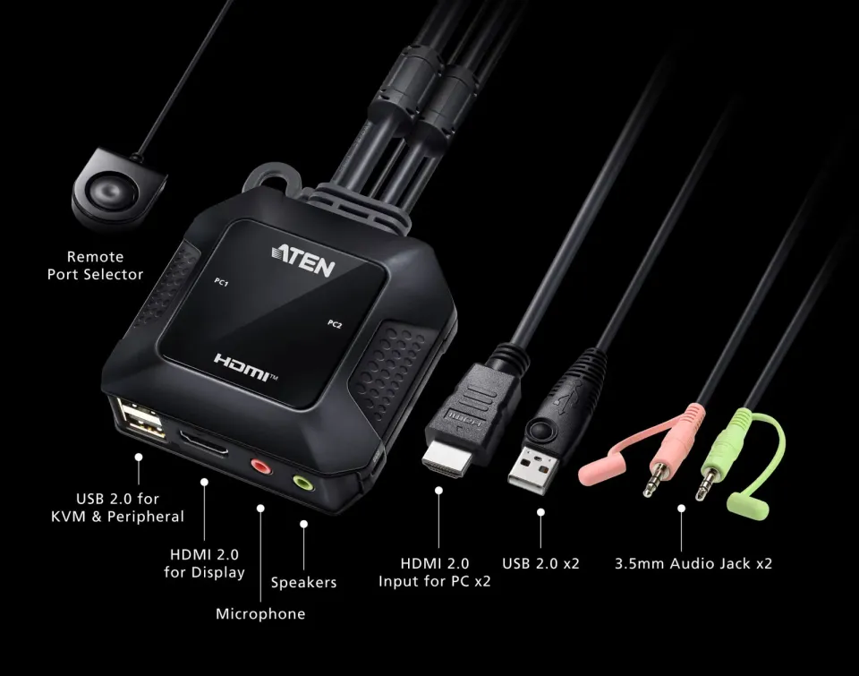 ATEN 2-Port USB 4K HDMI Cable KVM Switch with Remote Port Selector