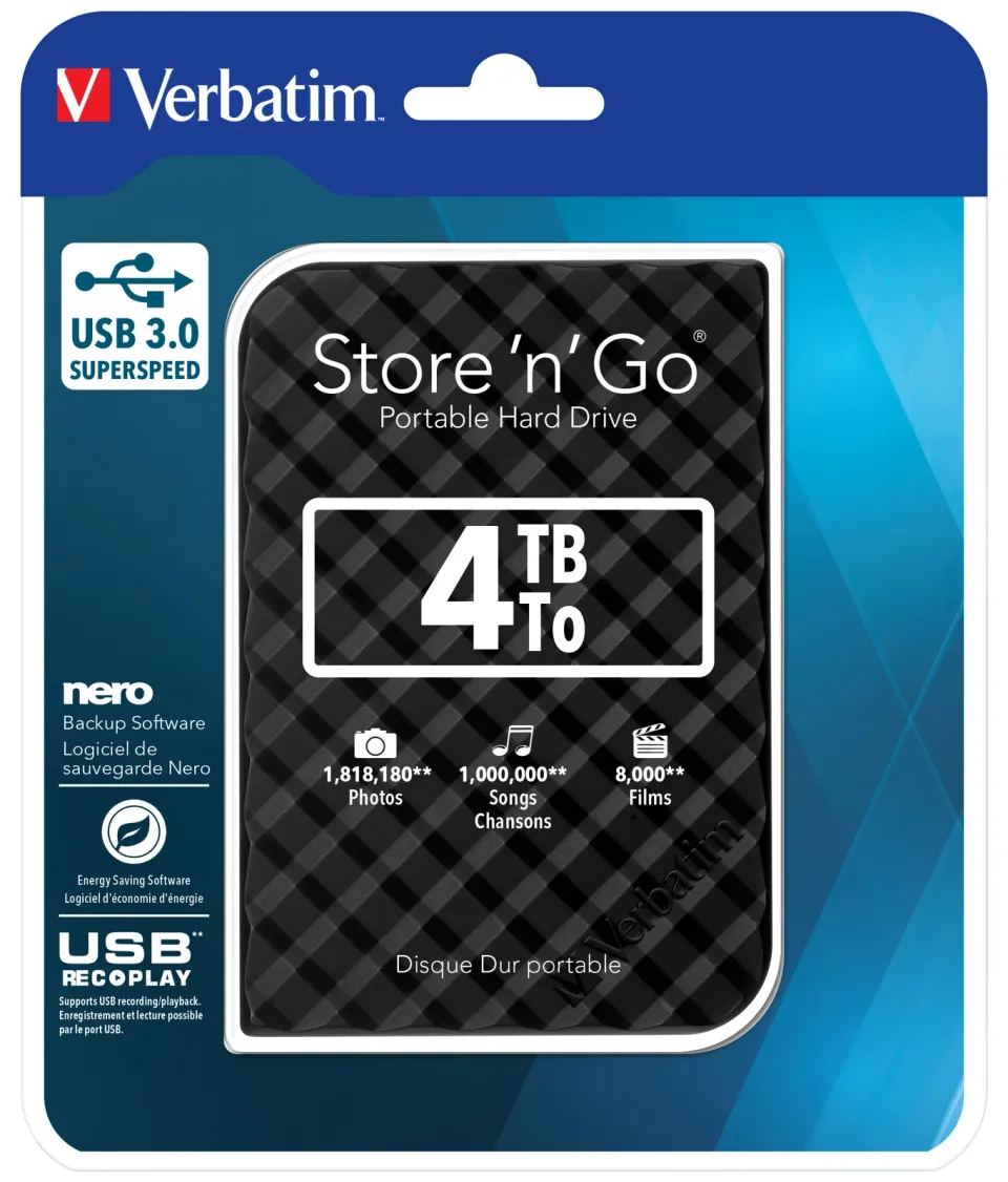 VERBATIM HDD 2.5" 4TB Store 'n' Go Portable Hard Drive USB 3.0, Black