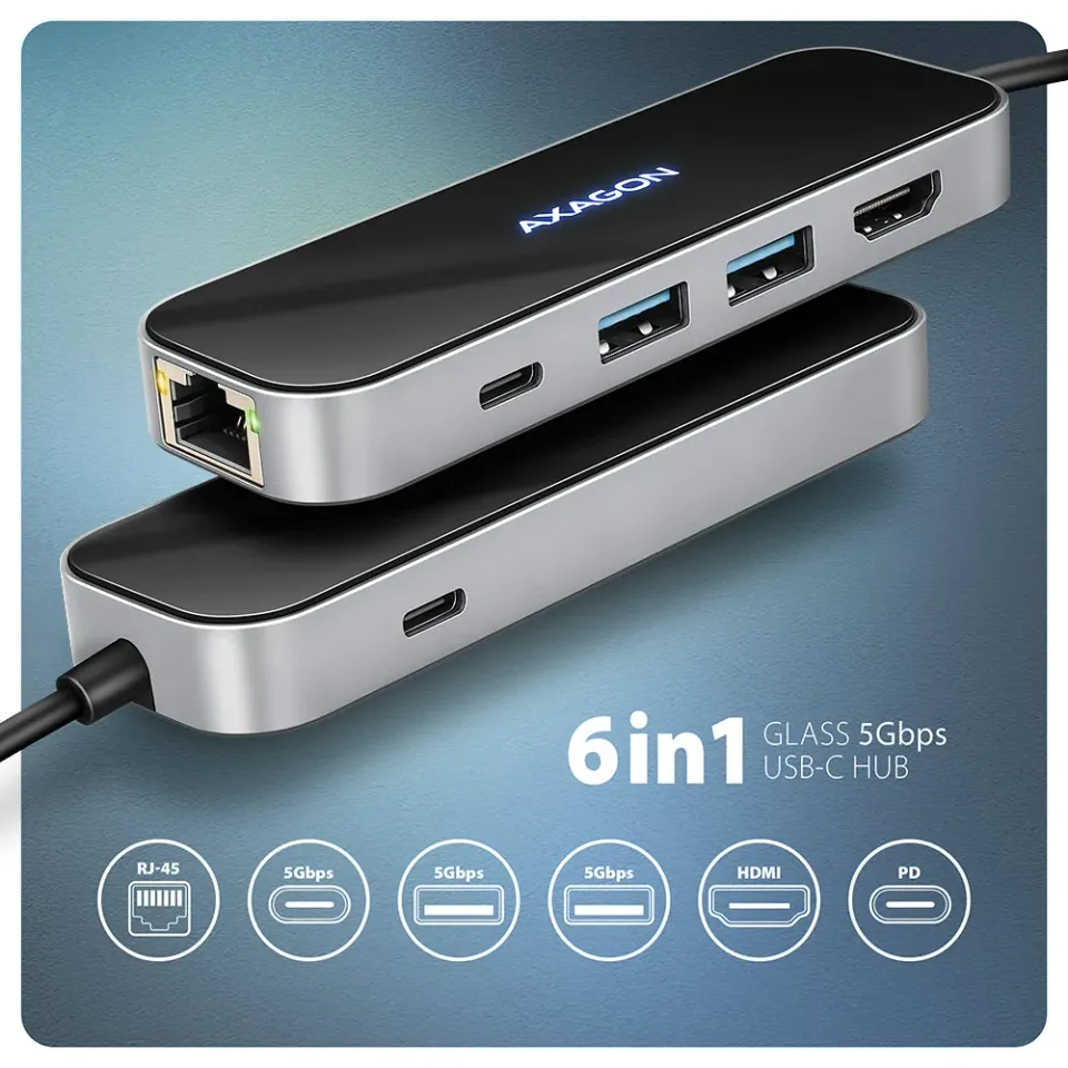 AXAGON HMC-6GLN, USB 5Gbps hub, 2x USB-A, USB-C, HDMI 4k/60Hz, RJ-45 GLAN, PD 10