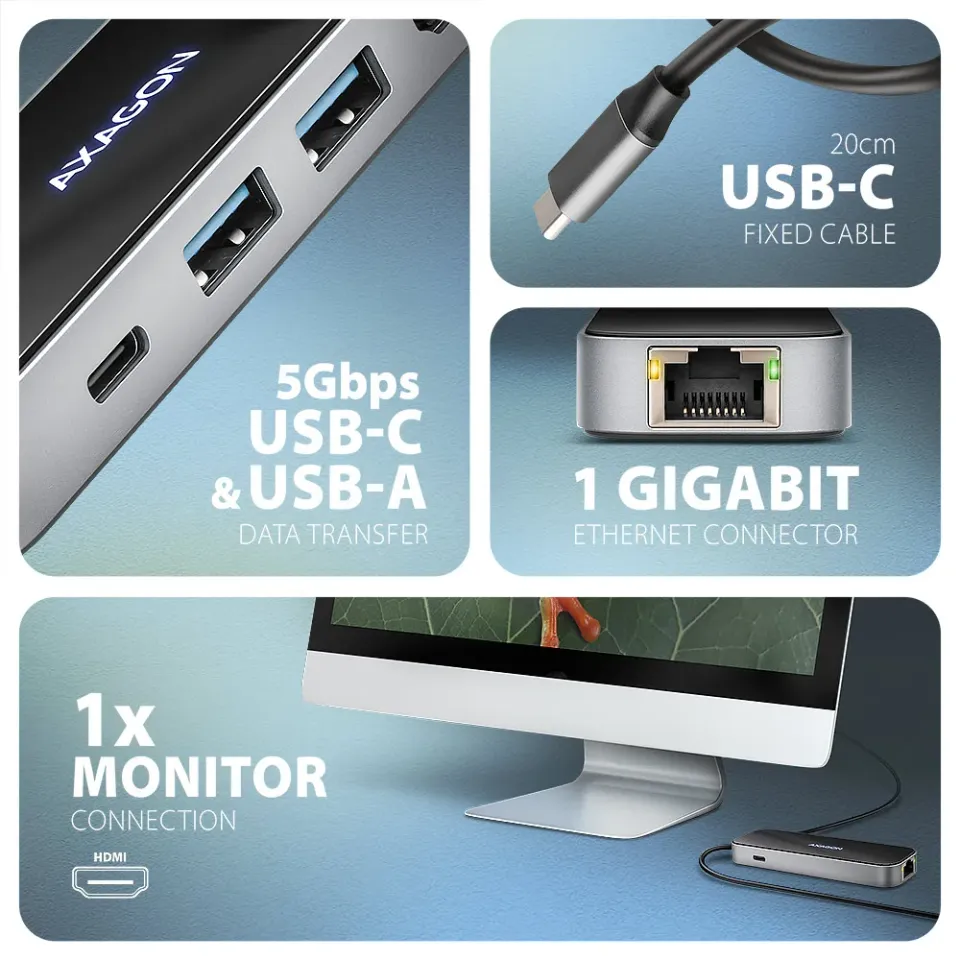 AXAGON HMC-6GLN, USB 5Gbps hub, 2x USB-A, USB-C, HDMI 4k/60Hz, RJ-45 GLAN, PD 10