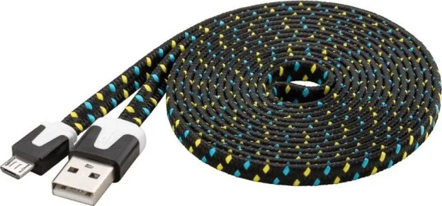 PremiumCord Kabel micro USB 2.0, A-B 2m, plochý textilní kabel, černo-modro-žlut
