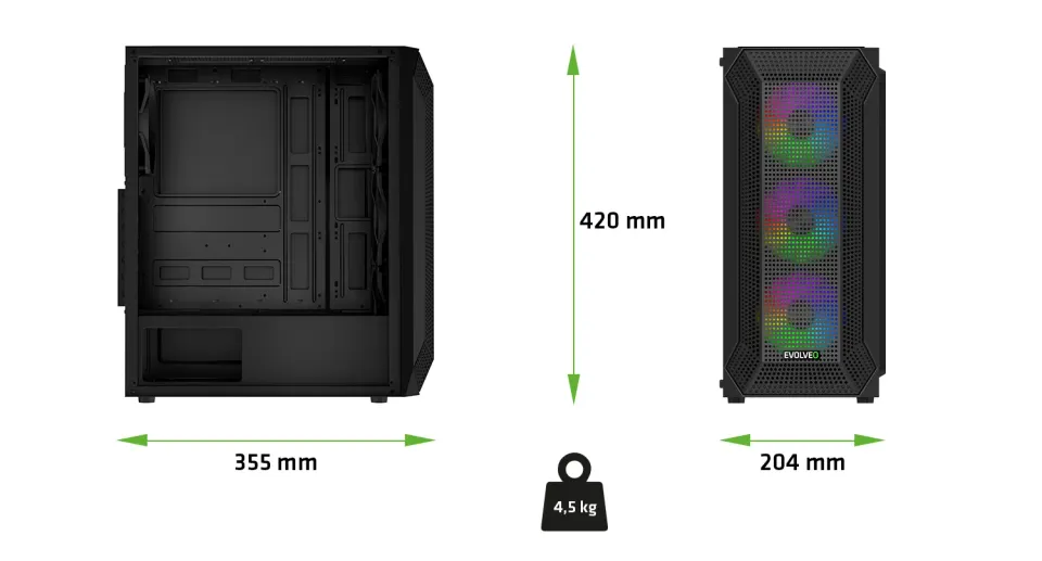 EVOLVEO Xenon, skříň ATX, 4x ARGB ventilátor 120mm, přední panel airflow mesh, č