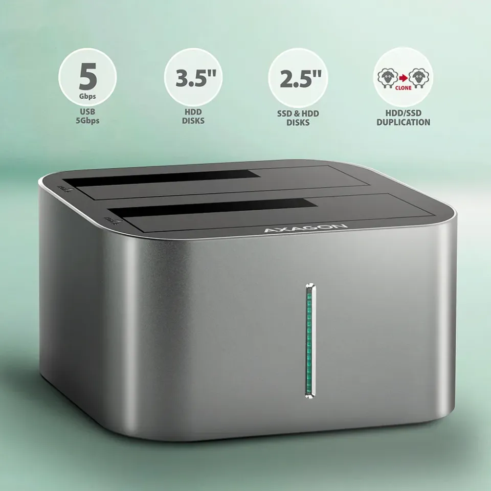 AXAGON ADSA-DC, USB-C 5Gbps - 2x SATA 6G 2.5"/3.5" SSD/HDD CLONE DUAL dokovací s