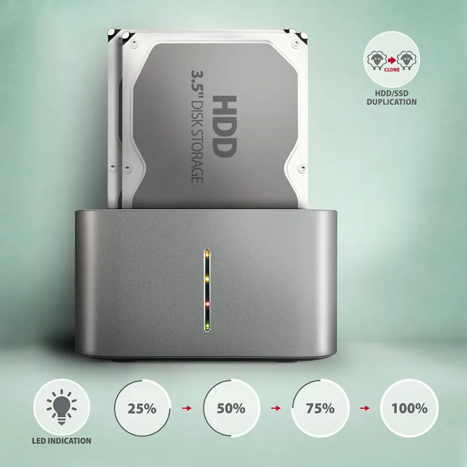 AXAGON ADSA-DC, USB-C 5Gbps - 2x SATA 6G 2.5"/3.5" SSD/HDD CLONE DUAL dokovací s