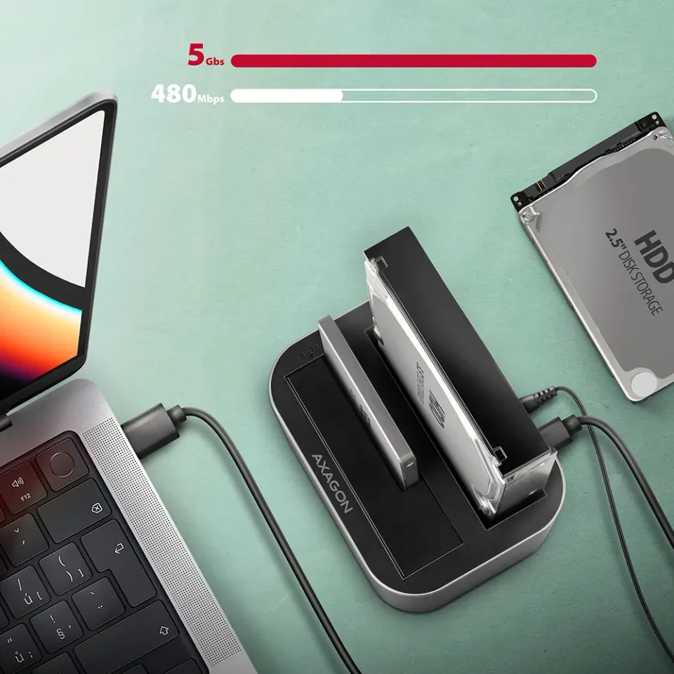 AXAGON ADSA-DC, USB-C 5Gbps - 2x SATA 6G 2.5"/3.5" SSD/HDD CLONE DUAL dokovací s