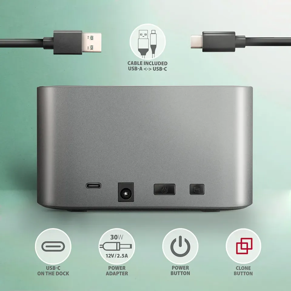 AXAGON ADSA-DC, USB-C 5Gbps - 2x SATA 6G 2.5"/3.5" SSD/HDD CLONE DUAL dokovací s