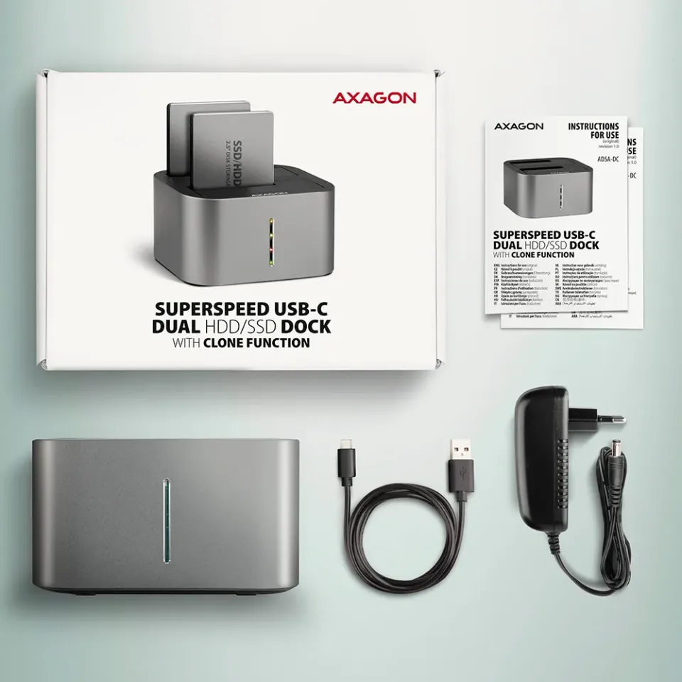 AXAGON ADSA-DC, USB-C 5Gbps - 2x SATA 6G 2.5"/3.5" SSD/HDD CLONE DUAL dokovací s