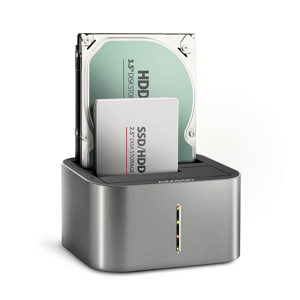AXAGON ADSA-DC – dokovací stanice USB-C 5 Gb/s pro 2× SATA 2,5"/3,5" SSD/HDD s offline duplikací disků