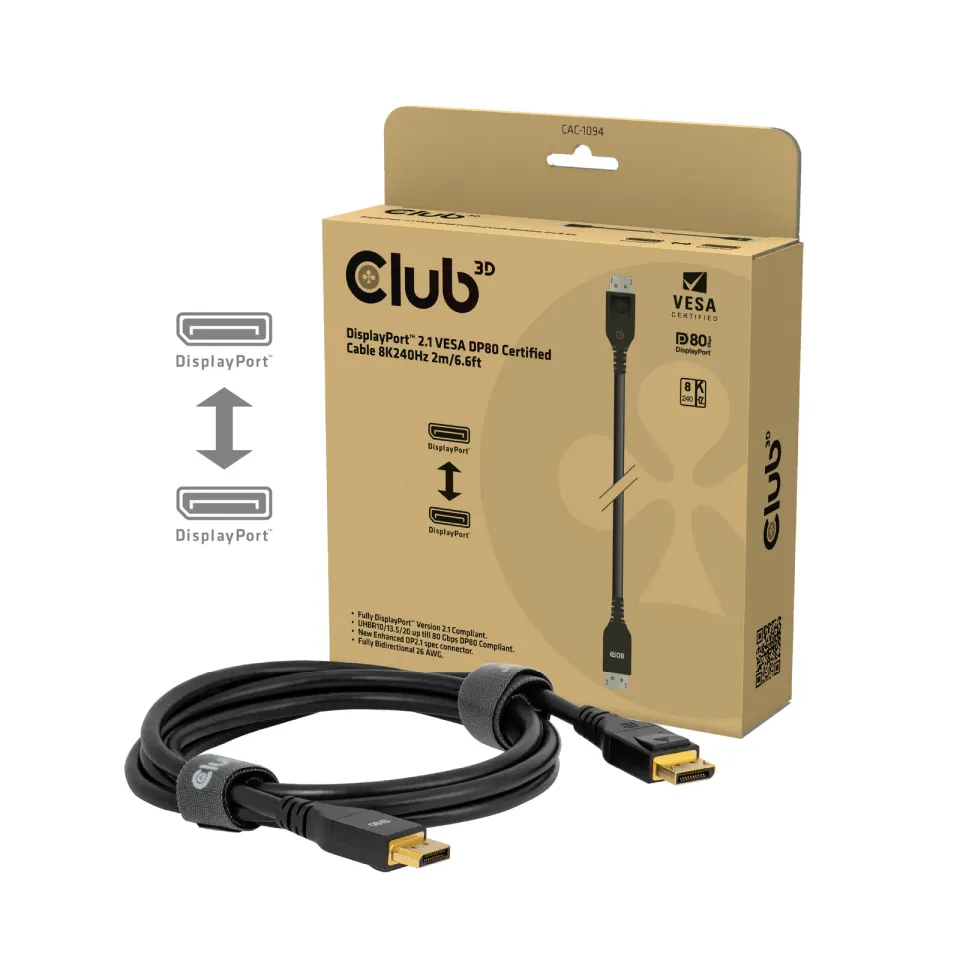 Club3D Kabel DisplayPort 2.1 na DisplayPort 2.1, VESA DP80, 8K240Hz/10K60Hz (M/M), 2m, černá