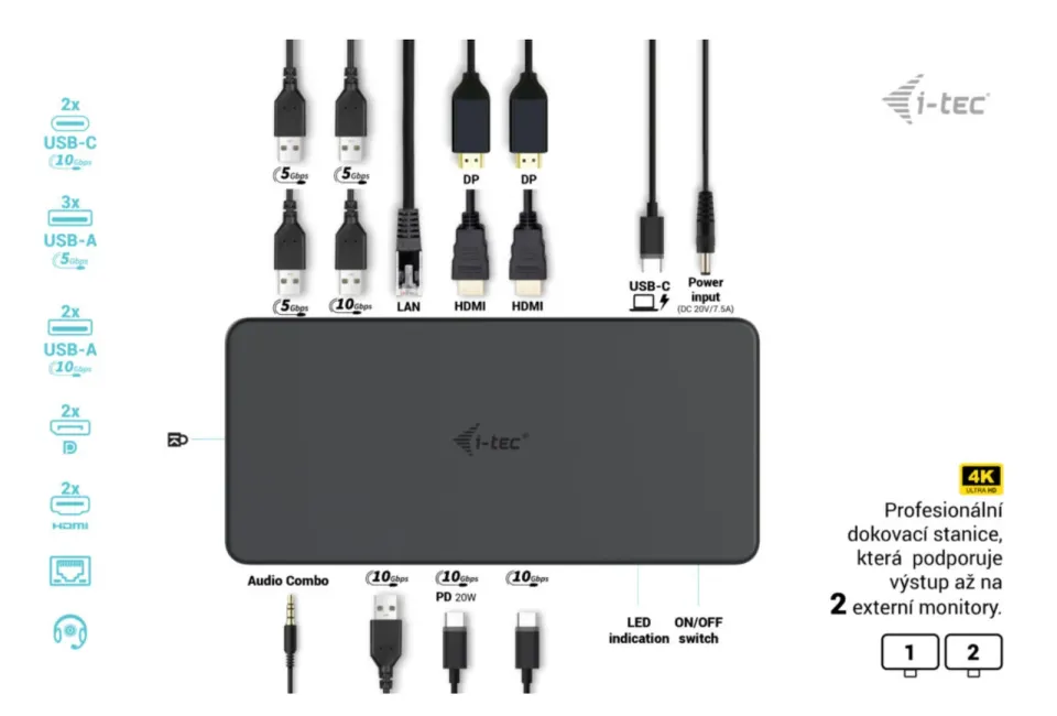 i-tec USB 3.0/USB-C/Thunderbolt 3 Professional Dual 4K Display Dock.st. Gen2, PD 100W