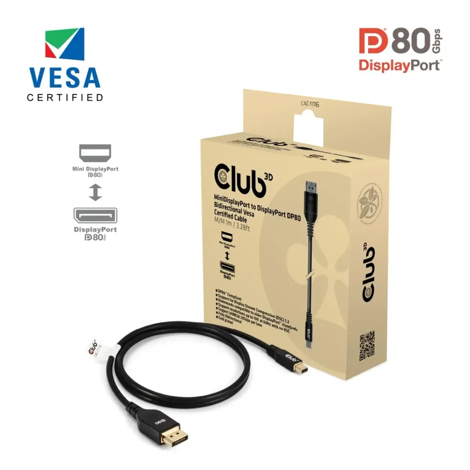Club3D Kabel MiniDisplayPort na DisplayPort 2.1 Certifikovaný, Oboustranný, 10K60Hz, DSC1.2, UHBR10, 1m