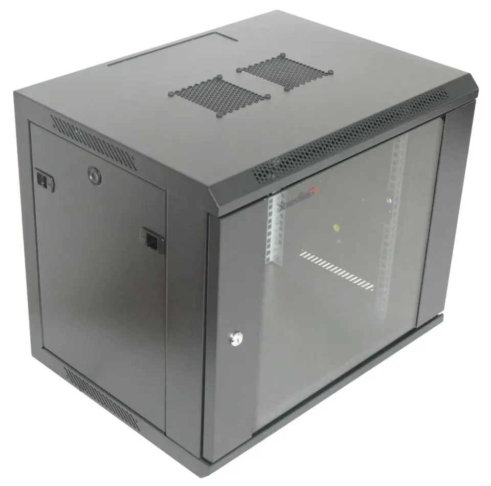 XtendLan 19" nástěnný rozvaděč 6U 600x450, nosnost 60 kg, skleněné kouřové dveře, rozložený, černý