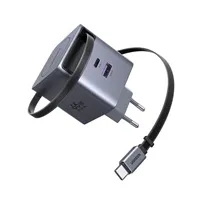 UGREEN síťová rychlonabíječka se zatahovacím kabelem 65W 3-Port, 2x USB-C, 1x USB-A, GaN, stříbrná