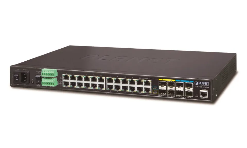 Planet IGS-6325-20T4C4X průmyslový L3 switch, 20x1Gb, 4x1Gb SFP, 4x10Gb SFP+, 2x power-in, -40~75°C, IP30, fanless
