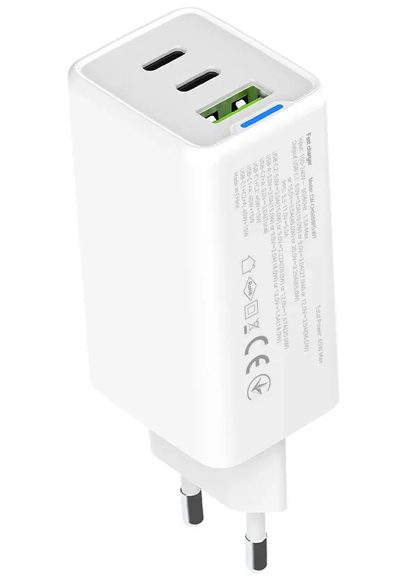 COLORWAY 2x USB-C, 1x USB-A/ síťová nabíječka/ GaN/ PD/ PPS/ 65W/ Bílá