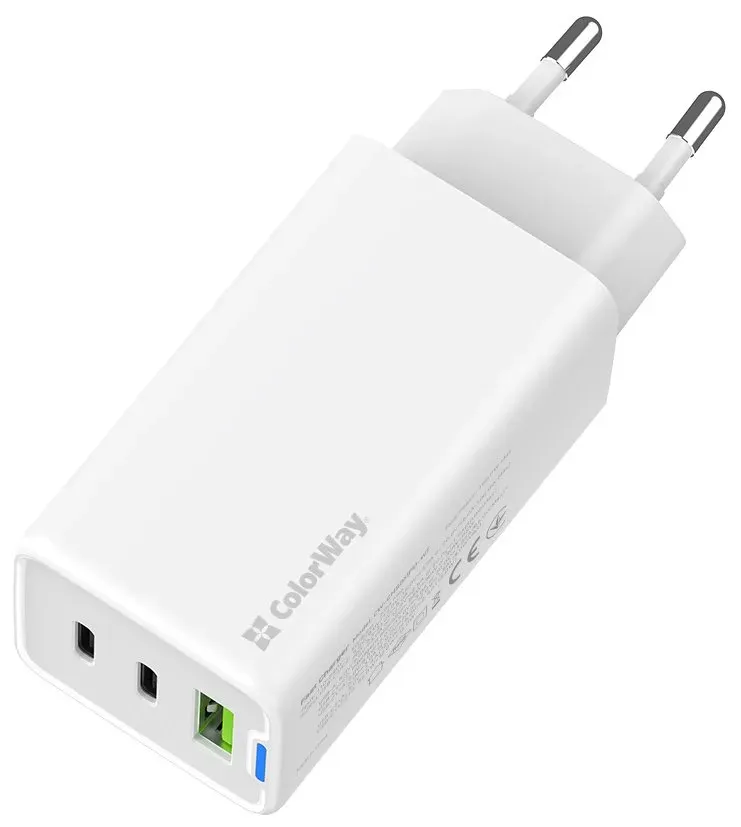 COLORWAY 2x USB-C, 1x USB-A/ síťová nabíječka/ GaN/ PD/ PPS/ 65W/ Bílá