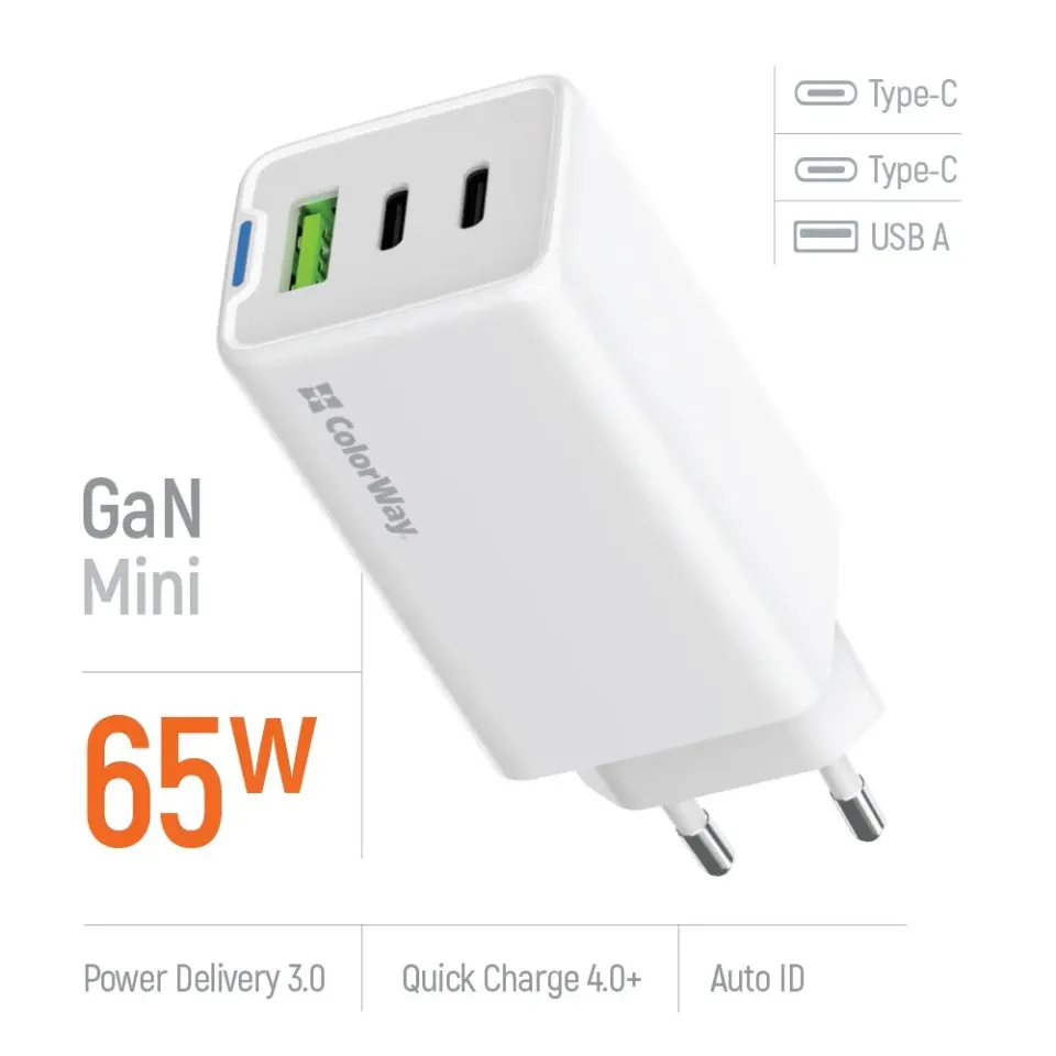 COLORWAY 2x USB-C, 1x USB-A/ síťová nabíječka/ GaN/ PD/ PPS/ 65W/ Bílá