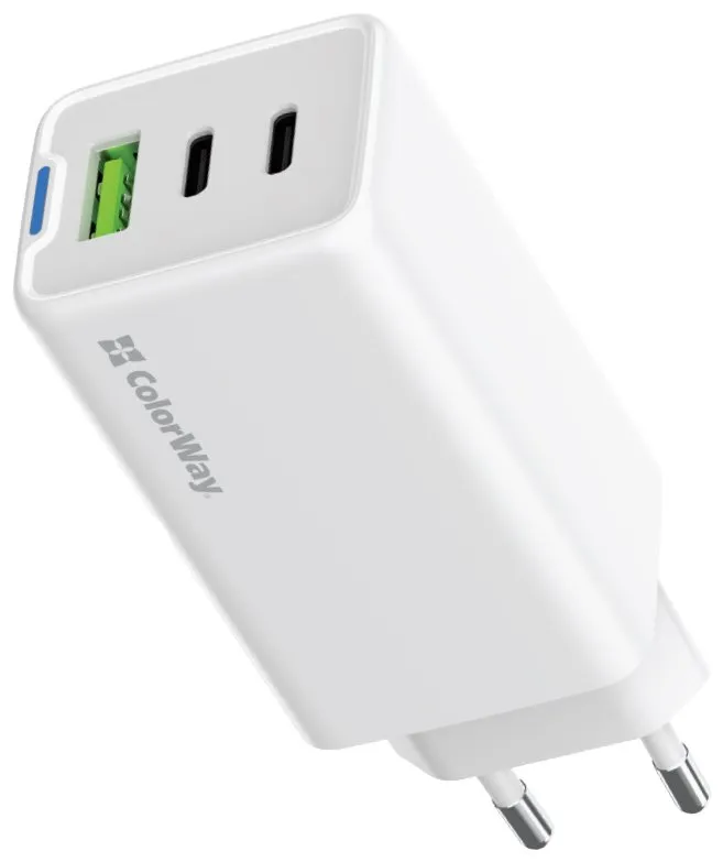 COLORWAY 2x USB-C, 1x USB-A/ síťová nabíječka/ GaN/ PD/ PPS/ 65W/ Bílá