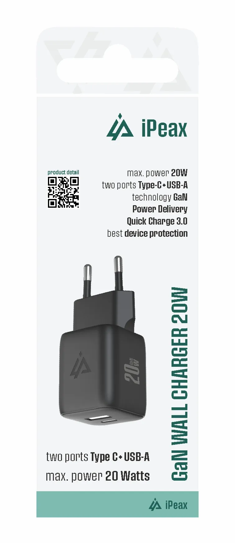 GaN SÍŤOVÁ NABÍJEČKA 20W (USB-C + USB-A) ČERNÁ