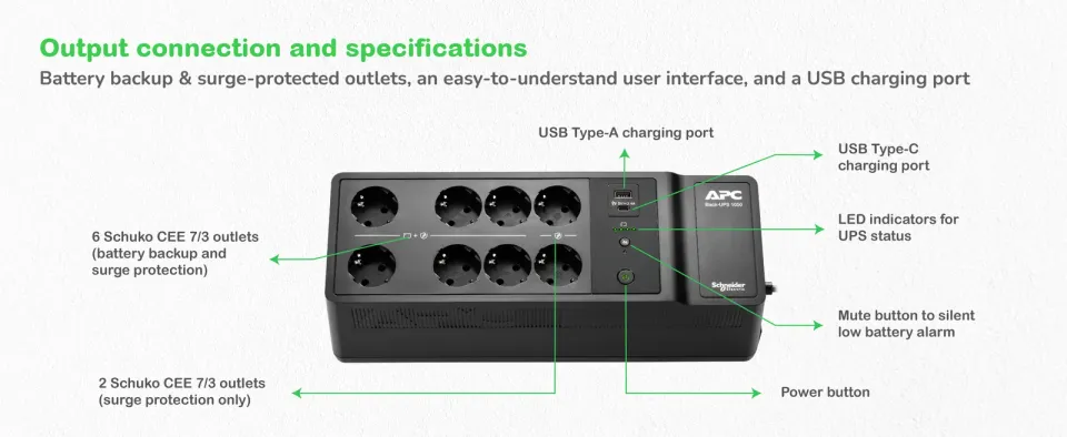 APC Back-UPS 1050VA, 230V, 1USB charging port (600W), Schuko