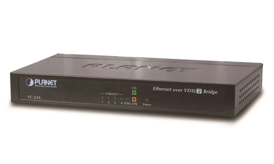 Planet VC-234 Ethernet po VDSL bridge, 4x 10/100/1000 RJ45 na pár VDSL/VDSL2, do 1,4km, 30a profil