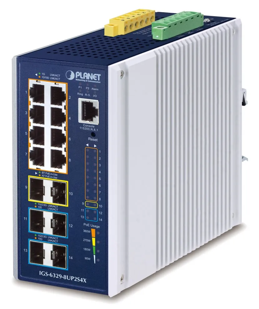 Planet IGS-6329-8UP2S4X průmyslový L3 switch, 8x1Gb, 2x2.5Gb SFP, 4x10Gb SFP+, PoE 802.3bt 360W, 48-54VDC, -40~75°C