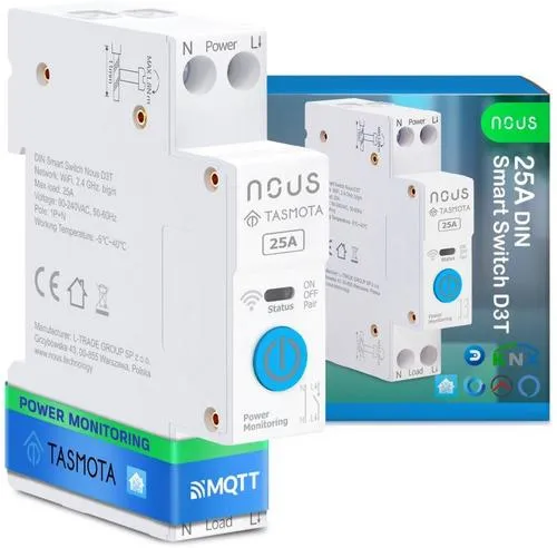 NOUS D3T DIN smart integrovaný spínač, WiFi switch 25A, kompatibilní s Tasmota ESP32