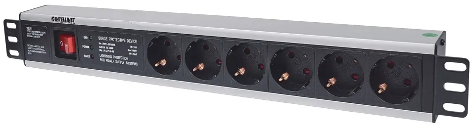Intellinet 19" 1.5U Rackmount 6-Way Power Strip - German Type, rozvodný panel, 6x DE zásuvka, 3m kabel,přepěťová ochrana