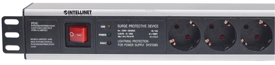 Intellinet 19" 1.5U Rackmount 6-Way Power Strip - German Type, rozvodný panel, 6x DE zásuvka, 3m kabel,přepěťová ochrana