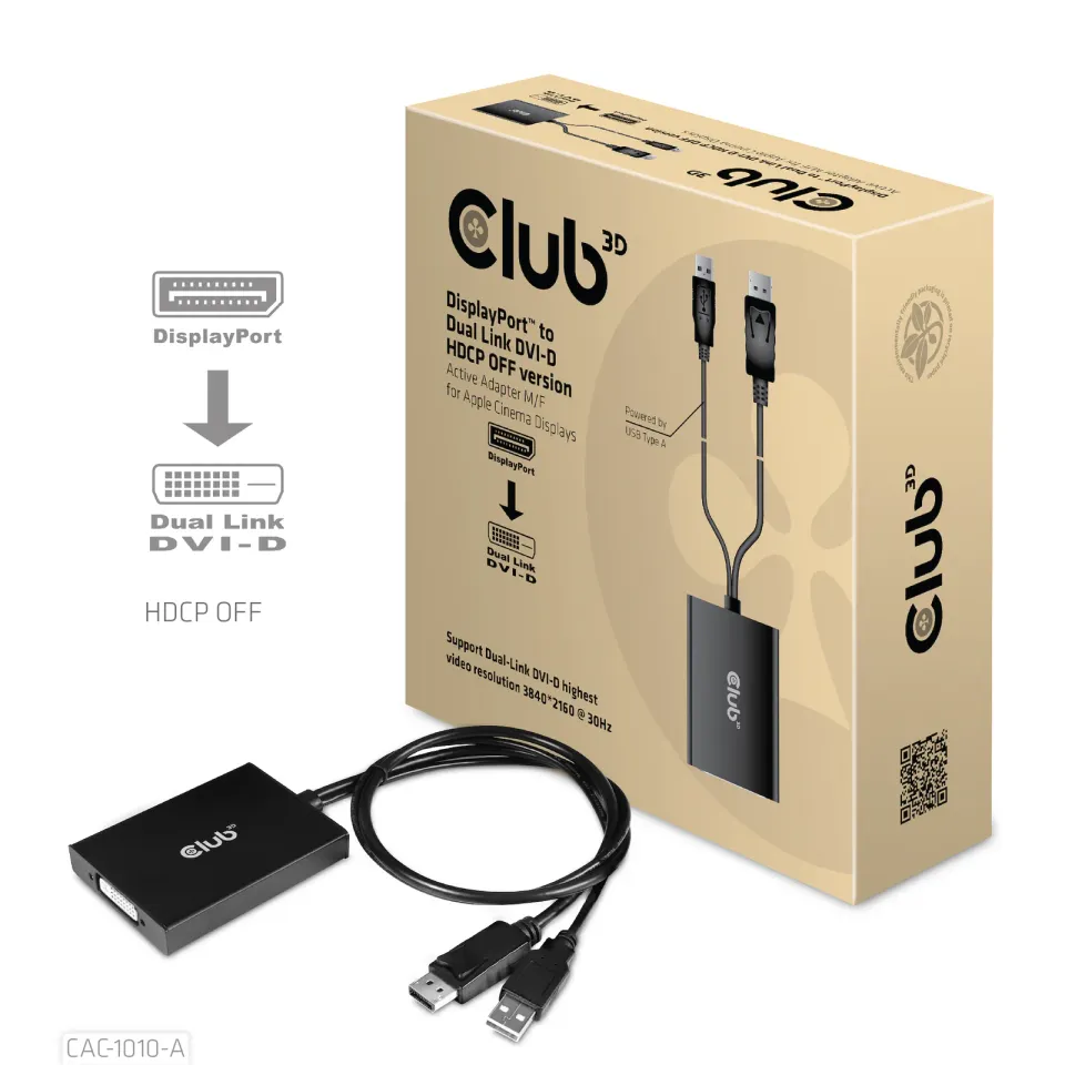 Club3D Adaptér aktivní DisplayPort na Dual Link DVI-D, USB napájení, 60cm, HDCP off, pro Apple Cinema displeje