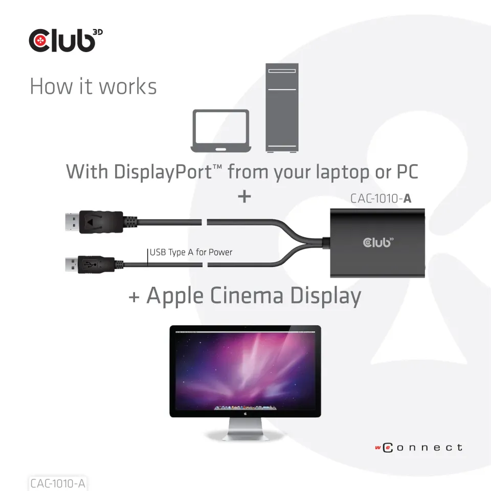 Club3D Adaptér aktivní DisplayPort na Dual Link DVI-D, USB napájení, 60cm, HDCP off, pro Apple Cinema displeje