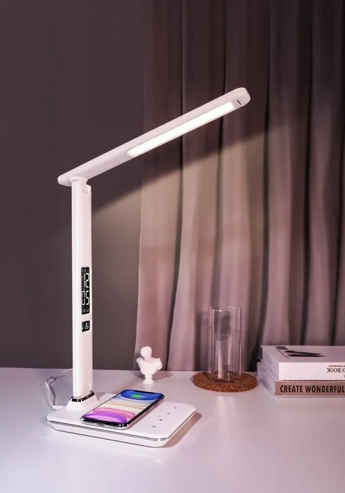 IMMAX LED stolní lampička Kingfisher/ Qi nabíjení/ 8,5W/ 400lm/ 12V/2,5A/ 3 barvy světla/ sklápěcí rameno/ bílá