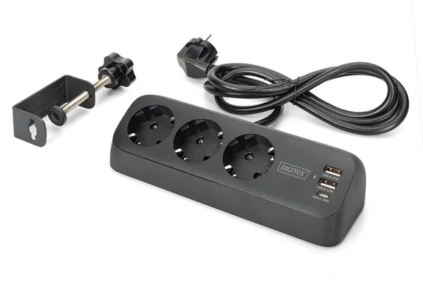 DIGITUS 3cestný kancelářský prodlužovací kabel s 2x USB-A a 1x USB-C porty, čern