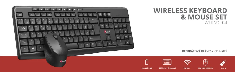 C-TECH WLKMC-04, bezdrátový set klávesnice s myší,ergonomický design,USB, CZ/SK,