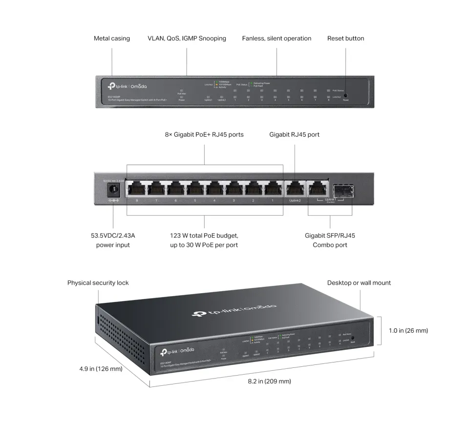 TP-Link ES210GMP Omada 10portový gigabitový Easy Managed switch s 8 porty PoE+