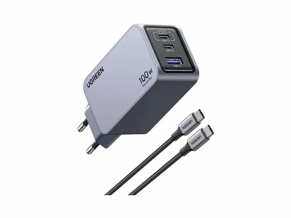 UGREEN síťová rychlonabíječka Nexode Pro 100W 3-Port, 2x USB-C, 1x USB-A, GaN, stříbrná