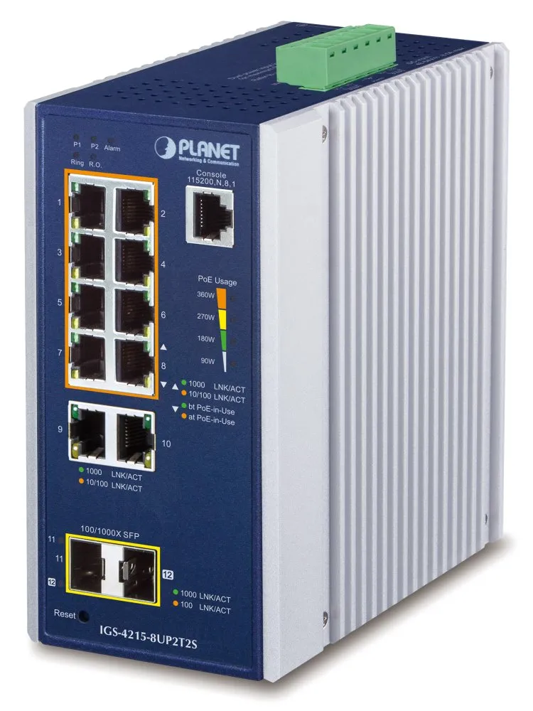Planet IGS-4215-8UP2T2S průmyslový L2 switch, 8x1Gb, 2x1Gb SFP, 8x PoE 802.3bt 360W, 48-54VDC, -40~75°C, IP30