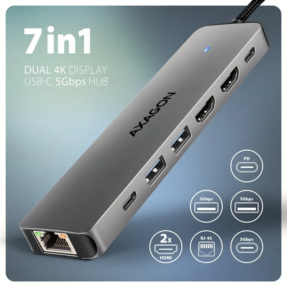 AXAGON HMC-7HX2, USB 5Gbps hub, 2x USB-A, USB-C, 2x HDMI 4k/60Hz, RJ-45 GLAN, PD