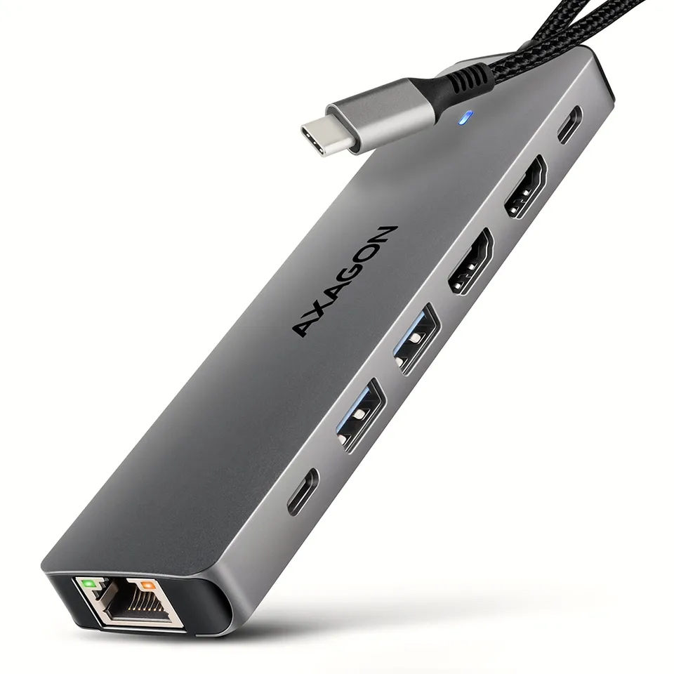 AXAGON HMC-7HX2, USB 5Gbps hub, 2x USB-A, USB-C, 2x HDMI 4k/60Hz, RJ-45 GLAN, PD