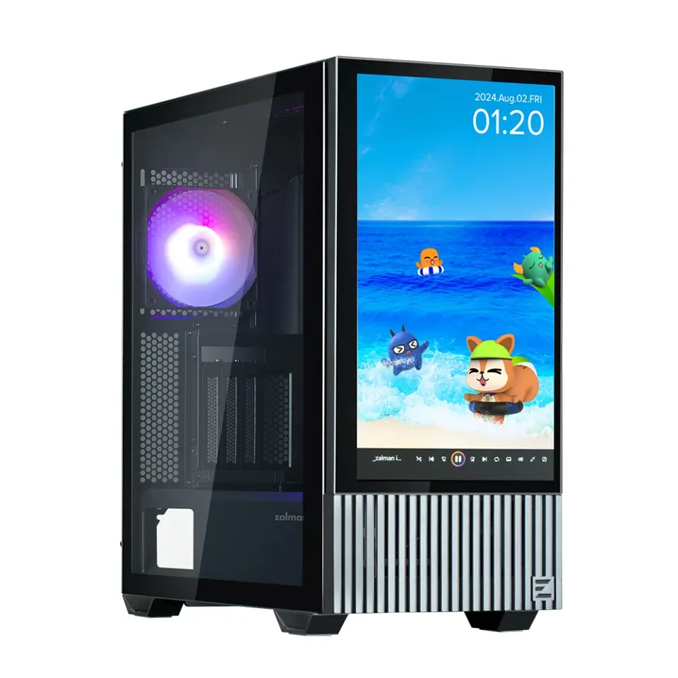 Zalman skříň Z10 DS / Middle Tower / 3x120mm fan / 2x USB 3.0 / USB-C / odnímatelný 15.6 displej / tvrzené sklo / černá