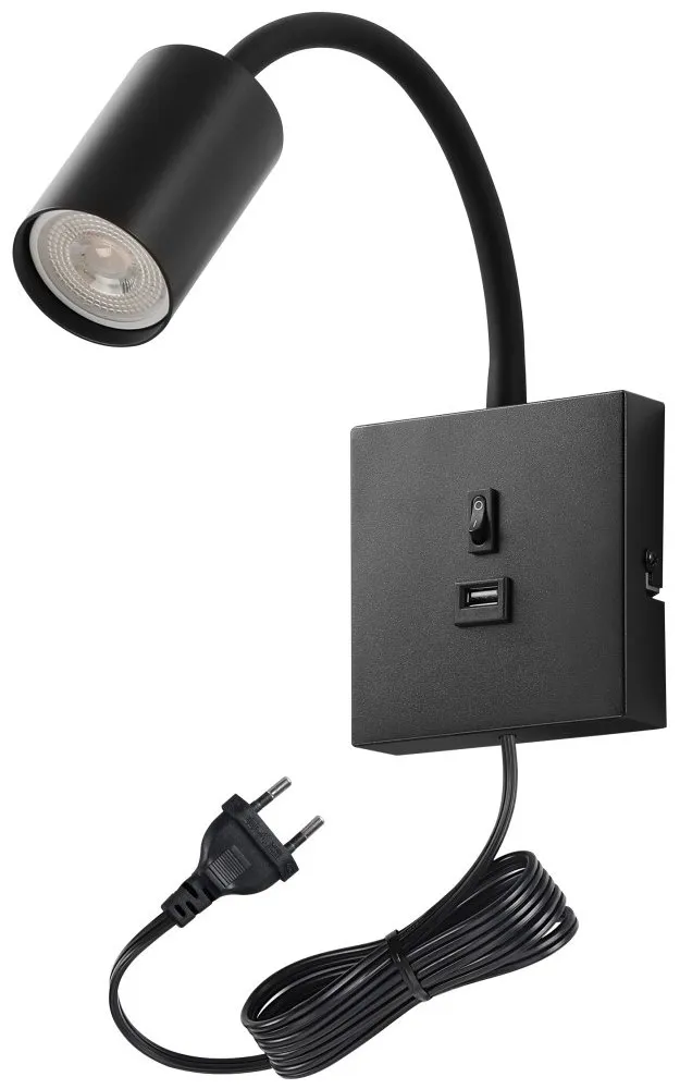 IMMAX PUNTO USB flexibilní nástěnné svítidlo s vypínačem, 9W, GU10, černé