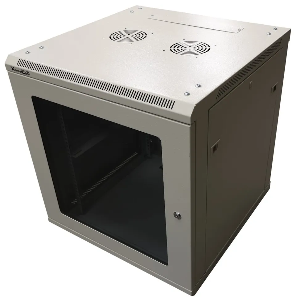 XtendLan 12U/600x600, na zeď, jednodílný, rozložený, skleněné dveře, šedý (WS-12U-66-GREY-U)