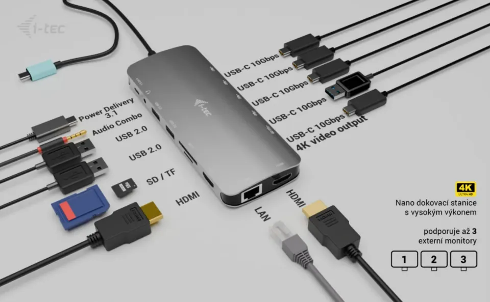i-tec USB-C Metal Nano 3x Display Dock, 2x HDMI 1x USB-C video, PD 140W + i-tec