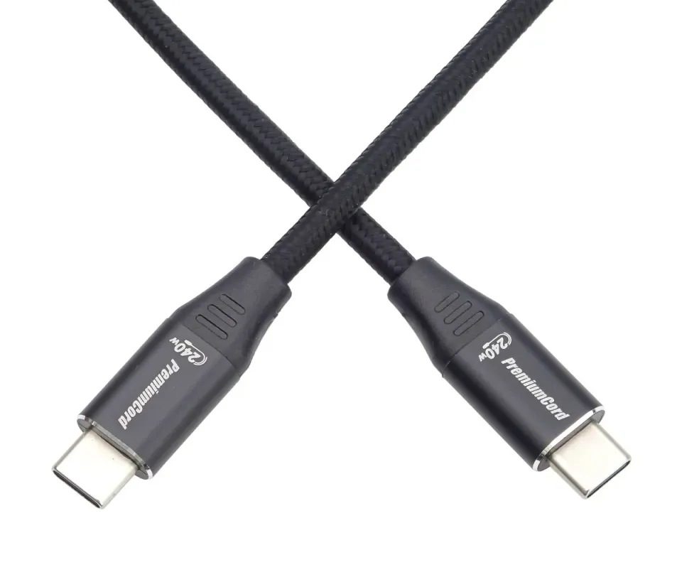 PremiumCord Kabel USB-C M/M, 240W 480Mbps černý bavlněný oplet, 2m