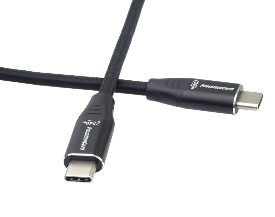 PremiumCord Kabel USB-C M/M, 240W 480Mbps černý bavlněný oplet, 2m