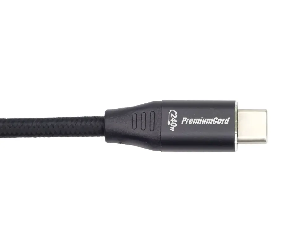 PremiumCord Kabel USB-C M/M, 240W 480Mbps černý bavlněný oplet, 2m